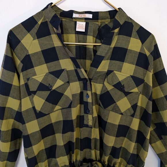 Zoe D Olive Green & Black Gingham Oversized Drawstring Waist Button Down Shirt - Picture 3 of 5